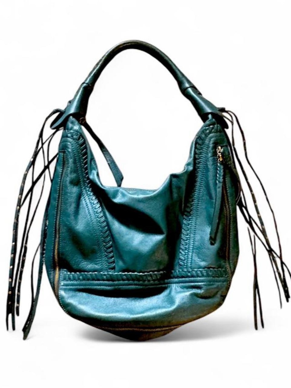 orYANY Dark Green Leather Large Hobo Bag with Fringe Whipstitch Zippers Expands!